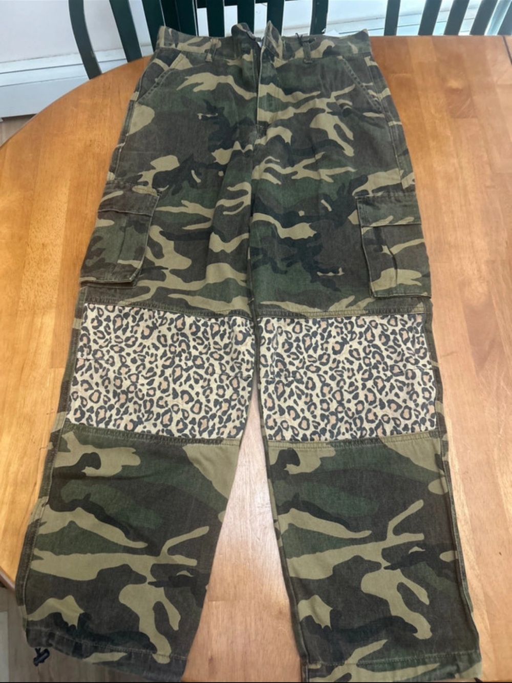 Forever 21 Womens Camo Cargo Pants with Leopard Knee Panels - Green & Tan